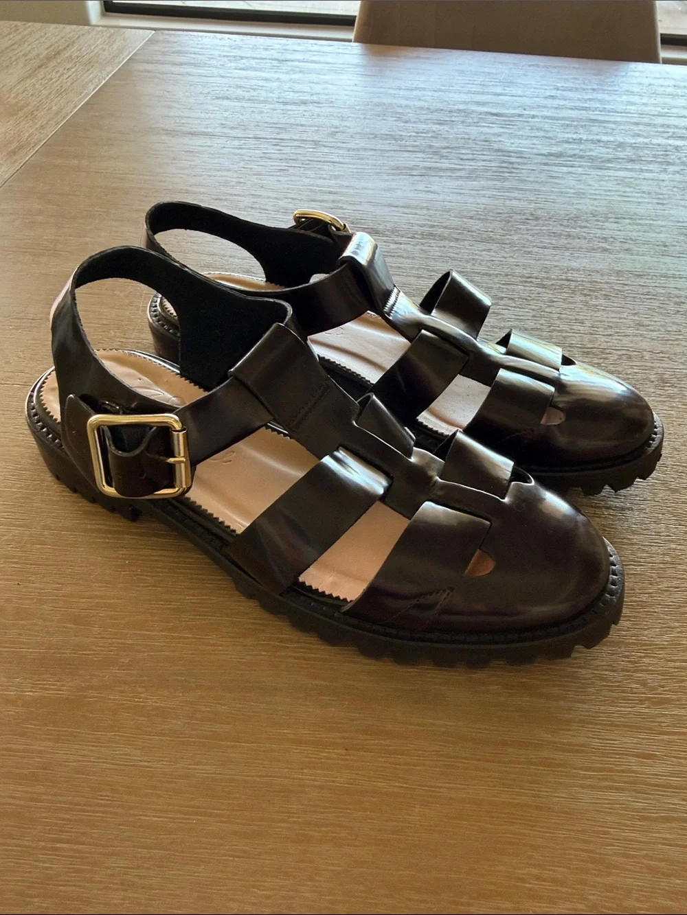 J. Crew Women's Dark Brown Patent Fisherman Sandals with Gold Buckle. Women’s 8 - Picture 7 of 11